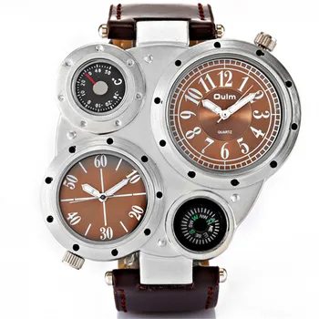 

Brand OULM Original Fashion Design Leather Band 2 Time Zone for Big Wrist Casual Quartz Watches Men Reloj Hombre Grande Moda