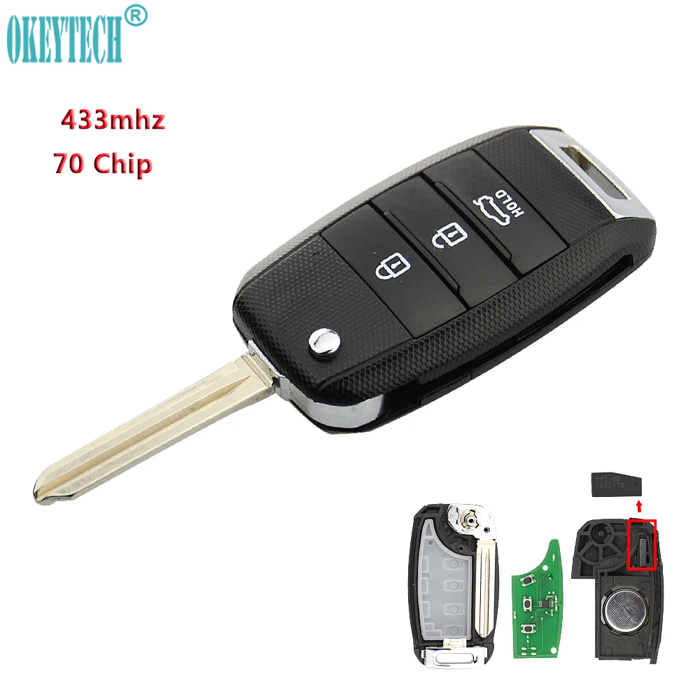 

OkeyTech 433mhz With 70 Transponder Chip Folding Flip Remote Key 3 Buttons Replacement Uncut Blank Blade for Kia K3