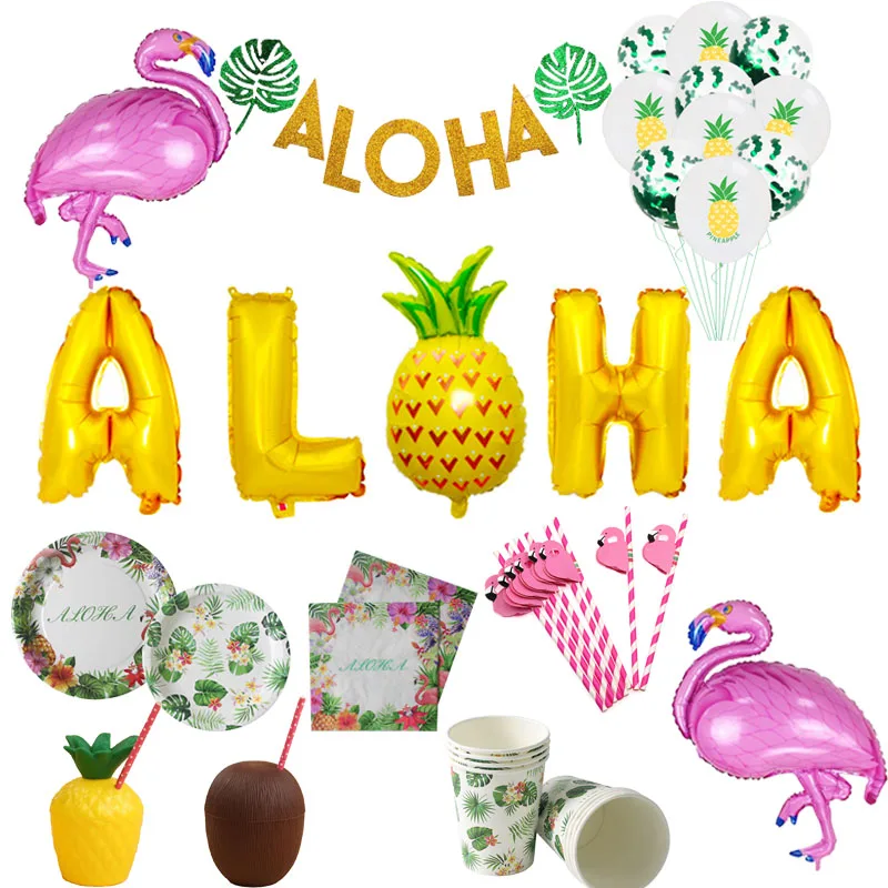 

Flamingo Decorations Tropical Aloha Balloons Banner Birthday Party Decor Tableware Hawaii Luau Beach Pineapple Cup Party Supply