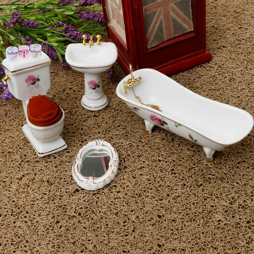 Ceramic Bathroom Floral Toilet, Bathtub Set with Toilet Paper Dollhouse Miniature for 1/12