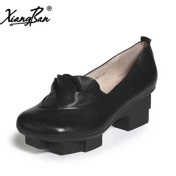 

Fashion Women Shoes Pointed Toe Office Lady Shoes Black Leather Ladies Pumps Slip On Elegant Medium Heels Xiangban