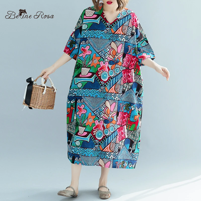 

BelineRosa Japanese Retro Style Floral Printed Cotton Linen Oversized Dresses Summer Style Large Size Dress YLFS0003