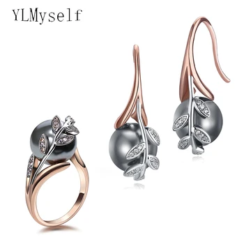 

Dropshipping Hot Earrings ring sets Rose gold plate with Grey pearl and cubic zircon stone Wholesale 2pcs jewelry set for women