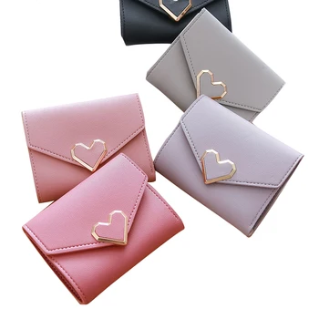 

Retro Short Wallet Women Wallets Small Metal Heart-Shaped Fashion student wallet Leather Wallet Coin Purse
