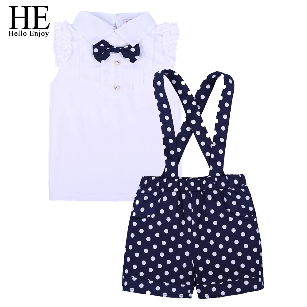 

HE Hello Enjoy Toddler Girls Summer Clothing Sleeveless Bow Shirt+Polka Dot Bib Pants Suits Kids Girls Children Clothes New 2018