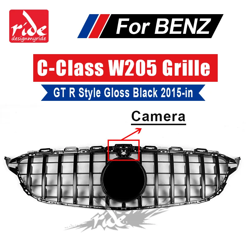 

W205 Front Center Mesh Grille ABS Black Without Emblem For Benz GTR Style Tape camera Grille W205 C180 C200 C250 C350 C400 2015+