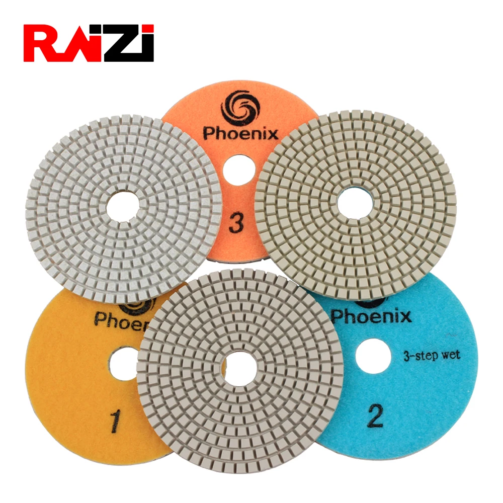 Raizi 4 inch wet 3 step polishing pads for Granite Marble Engineered Stone white resin Grit 1-3 Raizi 4 inch wet 3 step polishing pads for Granite Marble Engineered Stone white resin Grit 1-3