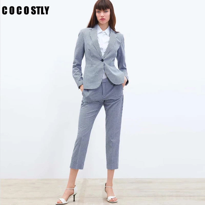 

2019 Women Suits Formal Two Piece Small Suit Plaid Set Single Button Blazer High Waist Straight Pants Office Lady Set