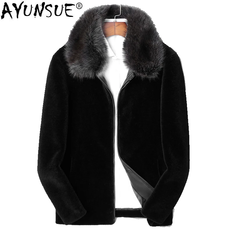 

AYUNSUE 100%Wool Coat Winter Jacket Men Real Sheep Shearling Fur Coat Raccoon Fur Collar Short Jacket LSY088305 MY1385