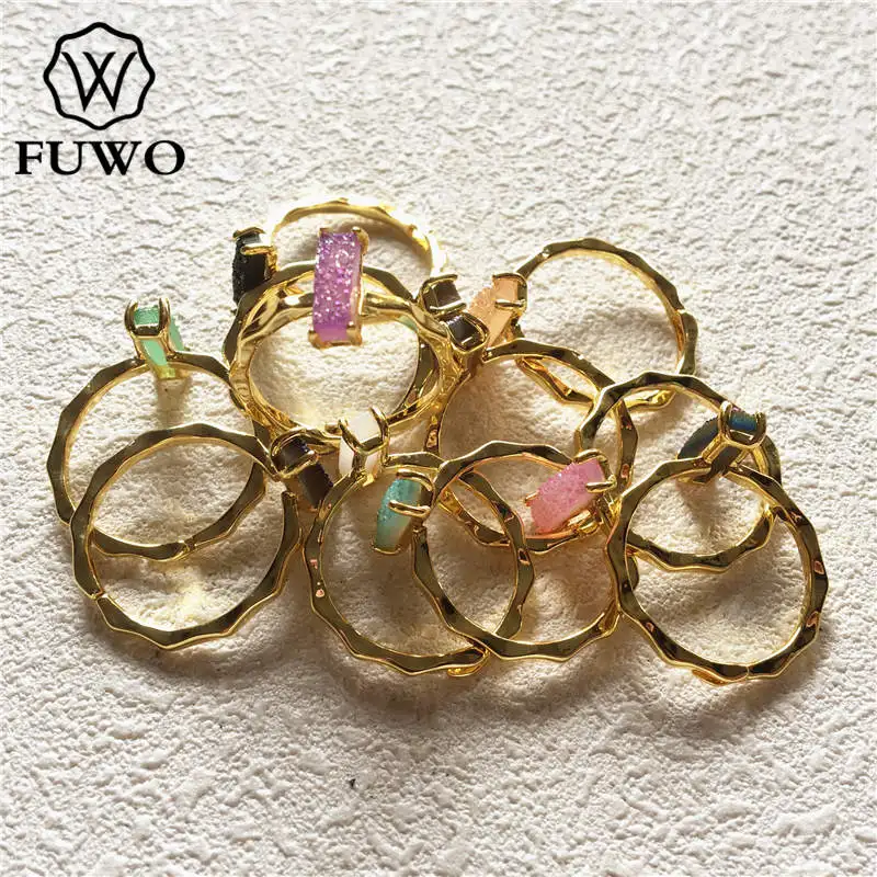 

FUWO Rectangle drop Aura Druzy Ring With 24K Gold Filled Minimalist design Raw Druzy Rings For Women Adjustable Size RG018