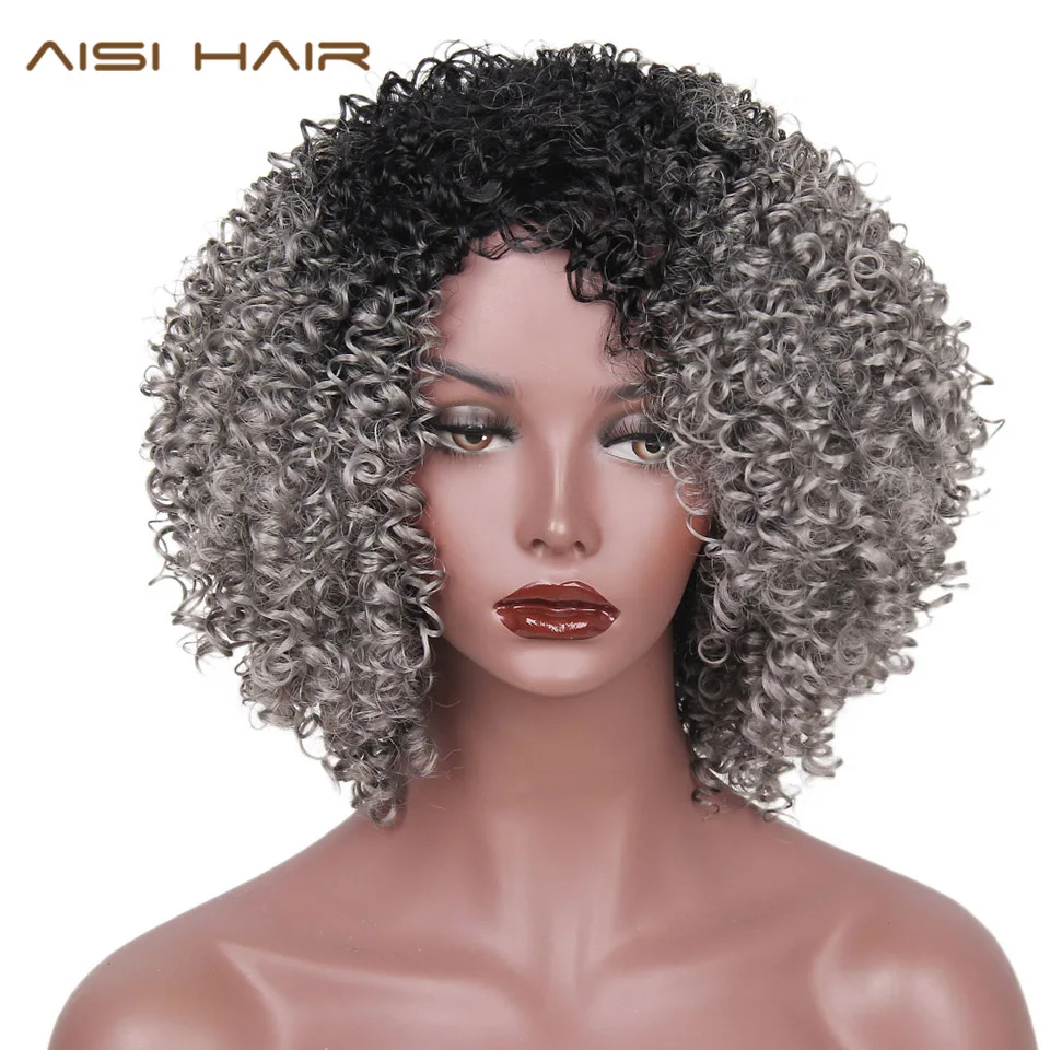 AISI HAAR Synthetische Perücken Lange Afro Verworrene Lockige Ombre AISI HAAR Synthetische Perücken Lange Afro Verworrene Lockige Ombre Schwarz Grau Haar für Frauen Weihnachten Hochtemperaturfaser in AISI HAAR Synthetische