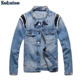 

Men's PU leather patchwork blue denim ripped jacket Casual patch design holes distressed coat Outerwear