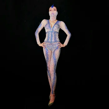 

Rhinestones Mesh Jumpsuit Sparkly Fashion Sexy Nude Big Stretch Dance Costume One-piece Bodysuit Birthday Outfit Party DS Dress