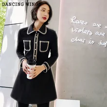 

Small fragrance Elegant Black Dress Peter pan Collar Long Sleeve Shirt Dresses for Women