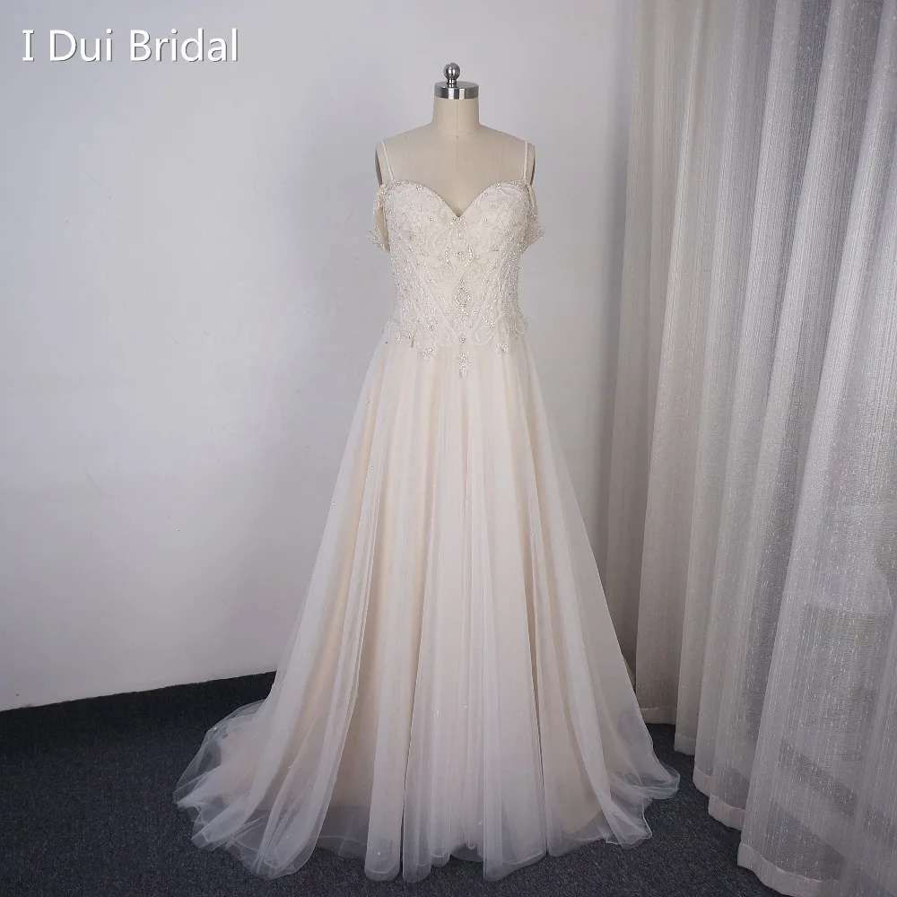 

Luxury Beaded A line Wedding Dress Off Shoulder with Spaghetti Strap Bridal Gown Custom Made