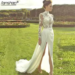 Boho Vestido De Noiva 2019 мусульманское свадебное платье бальное платье Тюль с длинным рукавом Кружева разрез Дубай арабское свадебное платье