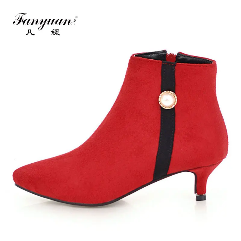 

fanyuan Winter Sexy Thin heel Ankle Boots Solid Pointed Toe Work Boots Side Zipper Pearl decoration Fashion Boots Women Shoes