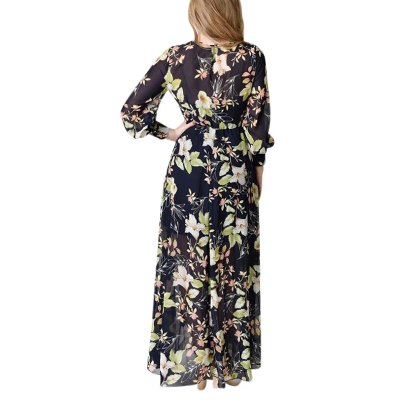 Summer Chiffon Floral Print Boho V Neck Long Maxi Dress Women Long Sleeve Elegant Sexy Beach Party Maxi Dresses Female Vestidos