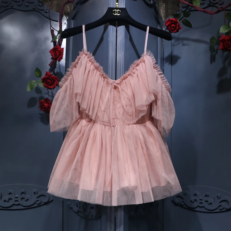 2018 Summer Sweet Word Sling Strapless Fungus Lace Bow Net Yarn Fairy Blouse Lotus Leaf Shirt Female Mgz013 |