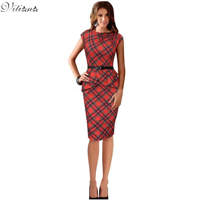 2016 New Womens Vintage Elegant Belted font b Tartan b font Peplum Ruched Tunic Work Party
