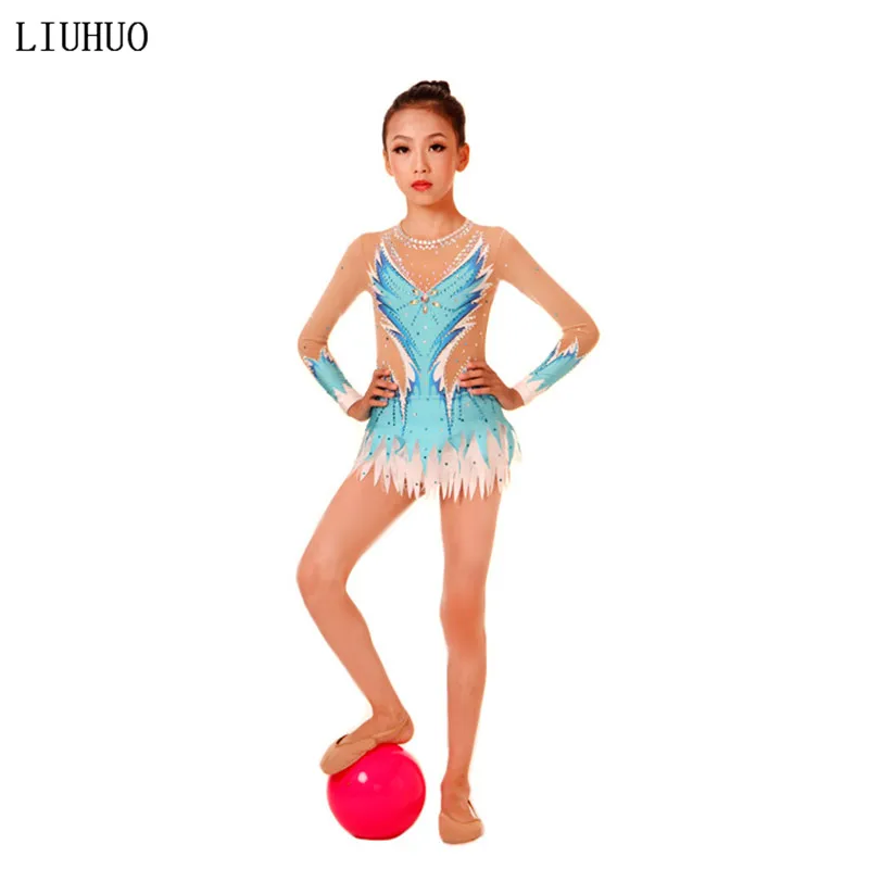 Женское трико для художественной гимнастики для девочек, костюм для выступлений, платье для художественной гимнастики, многоцветное платье с длинным рукавом и круглым вырезом