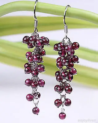 A Red Garnet Beads Cluster Grape White  Plated Hook Earrings