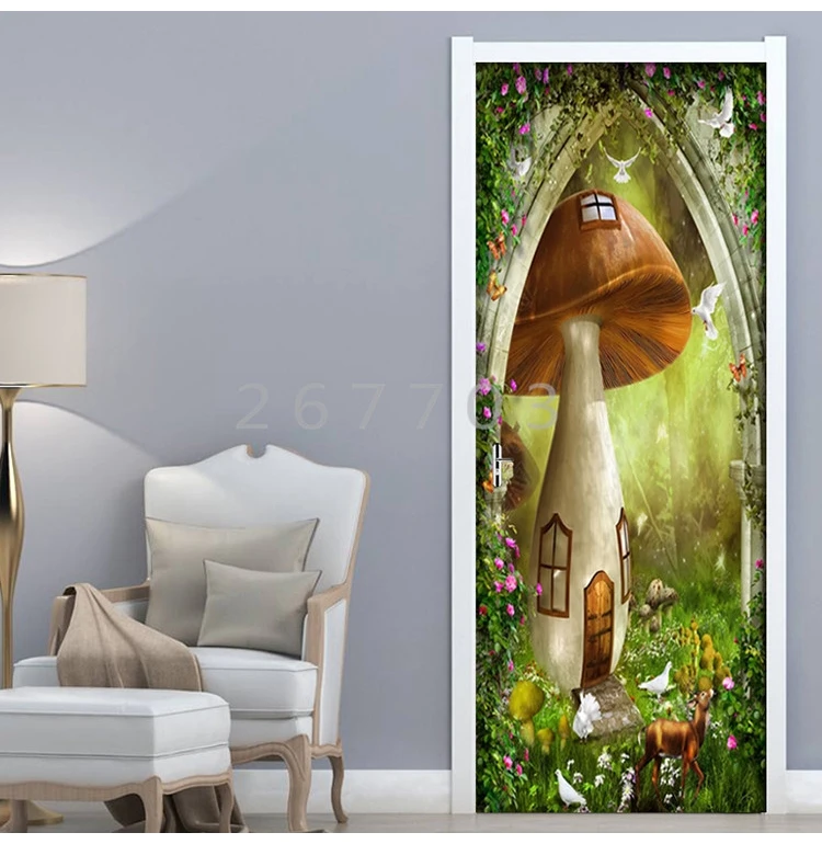 Фэнтези сказочный лес Лось 3D стикер двери для гостиной спальни DIY ПВХ самоклеющиеся обои водонепроницаемый 3D Фреска Наклейка