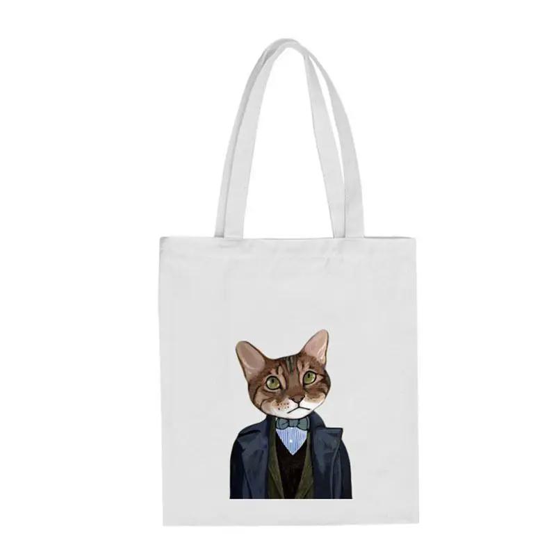 Женская Холщовая Сумка на плечо с милым рисунком кота, сумки-тоут, хозяйственные сумки