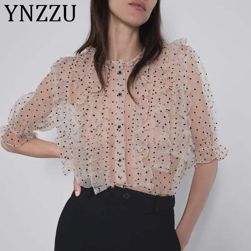 

YNZZU Sexy Transparent Organza Dot Blouse Women 2019 Elegant Ruffles Half Sleeve Single Breasted Female Shirts Tops Blusas AT313
