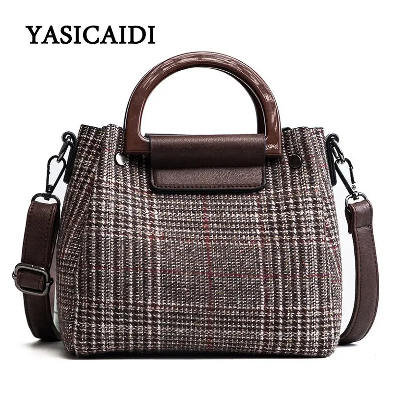

Wool Women Handbag Fashion 2pcs Composite Bag Designer Plaid Ladies Crossbody Bags Vintage Famous Brand Female Bags