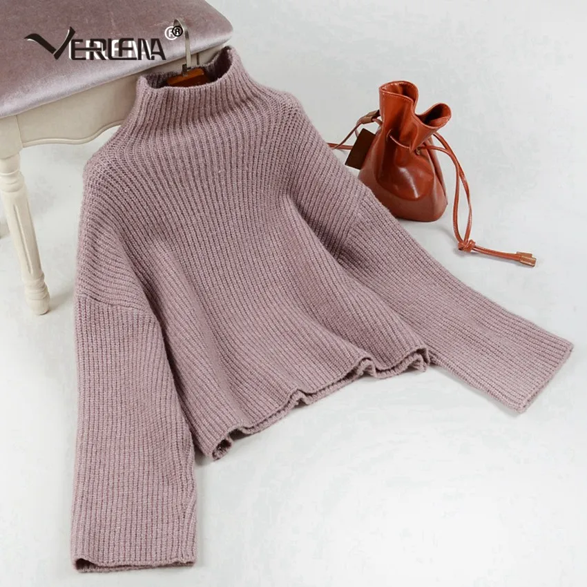 Шикарный джемпер в рубчик с длинным широким рукавом и воротником-воронкой, женский свитер с воротником-хомутом, однотонный Свободный пуловер цвета хаки, теплая зимняя верхняя одежда - Цвет: Лаванда