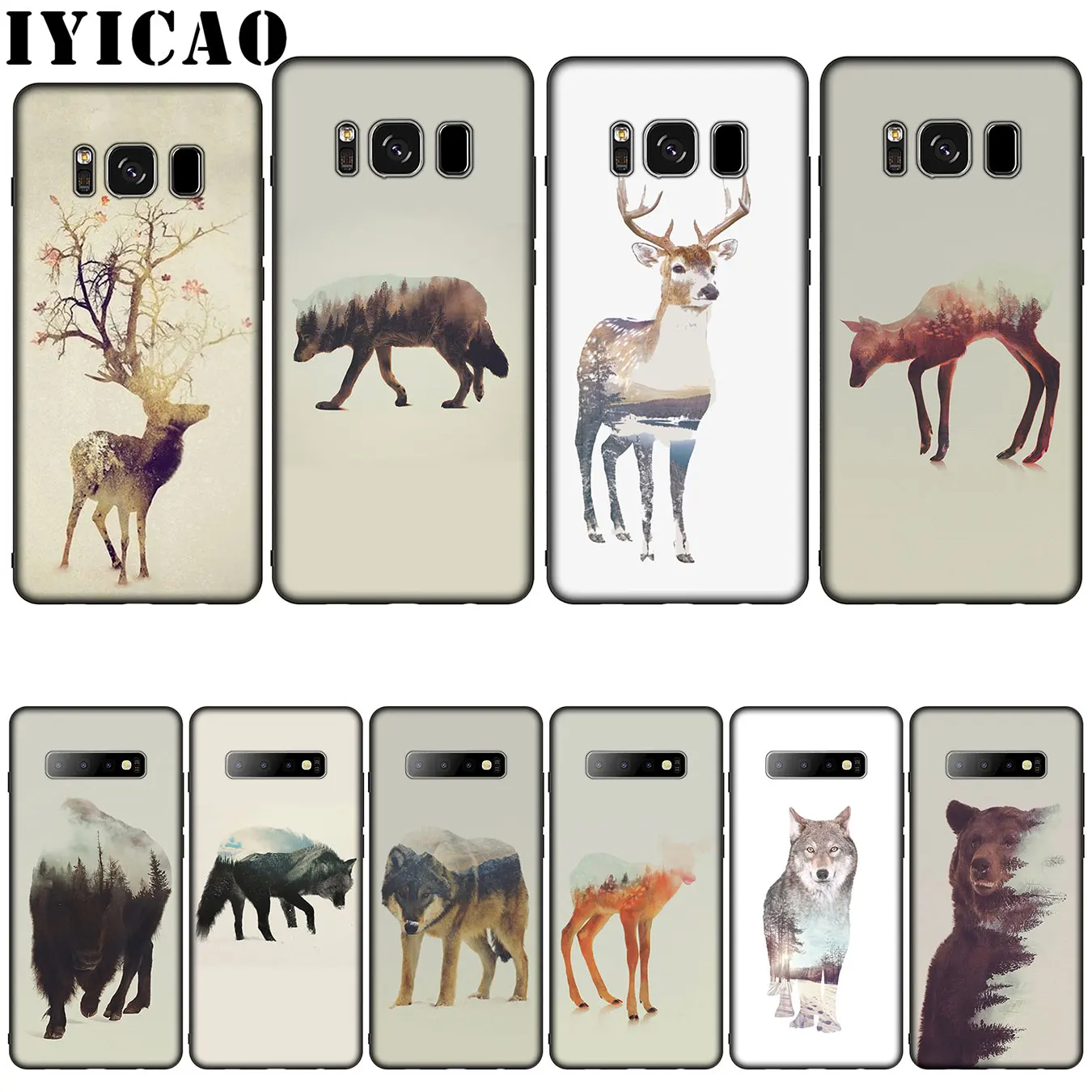 IYICAO Animal Double Exposure Wolf Bear Deer Wild Boar Silicone Soft Case for Samsung Galaxy S10 S9 S8 Plus S6 S7 Edge S10e E |