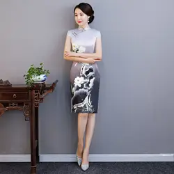 Элегантный Бизнес короткий рукав сексуальное платье района с цветочным принтом высокое Разделение Qipao Китайский Для женщин