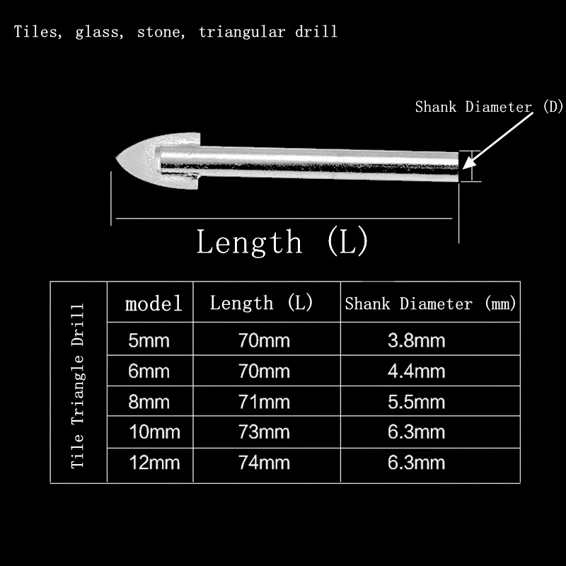Tiles, glass, stone, triangular drill 8mm