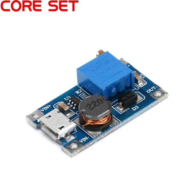 

DC-DC 2V - 24V to 5V 9V 12V 28V Adjustable Boost Module 2A Boost Plate Step Up Module With MICRO USB MT3608 LM2577