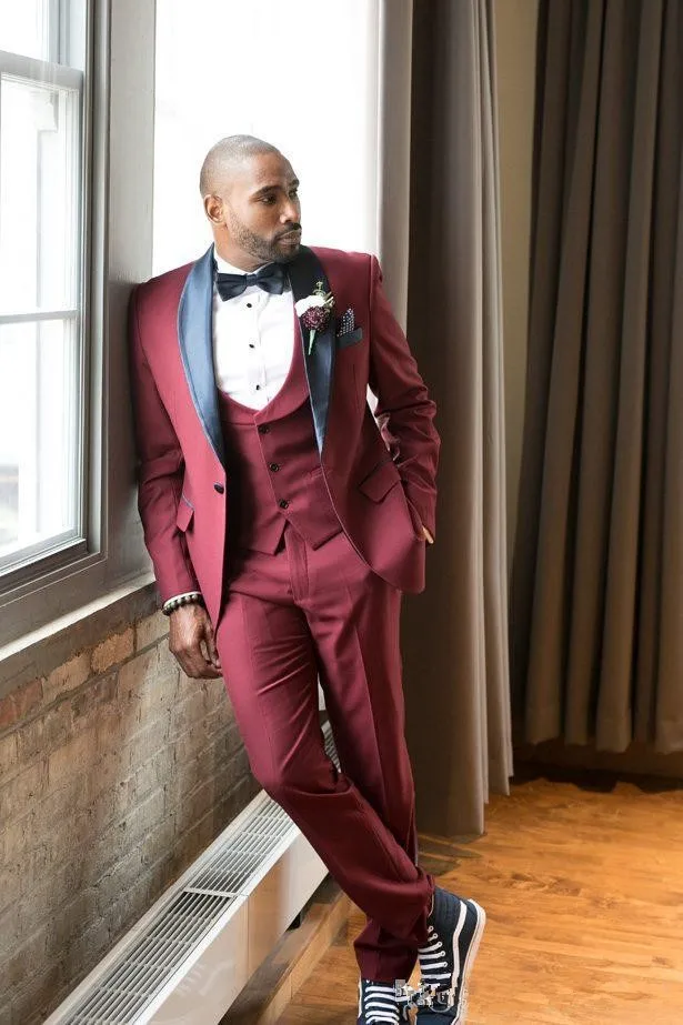 

Burgundy Slim Fit Groom Tuxedos Excellent Men 2020 Wedding Tuxedos Men Formal Business Prom Party Suit(Jacket+Pants+Vest)