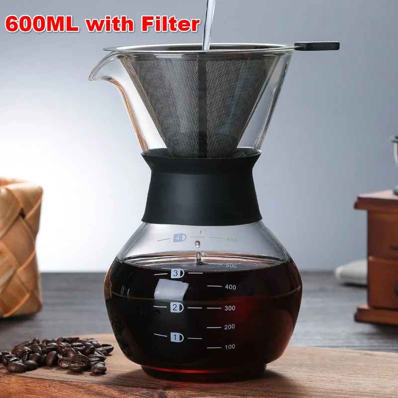 300/600 мл стеклянный чайник для кофе с фильтром из нержавеющей стали для капельного заваривания горячего пивоварения кофейник бариста для заваривания кофе
