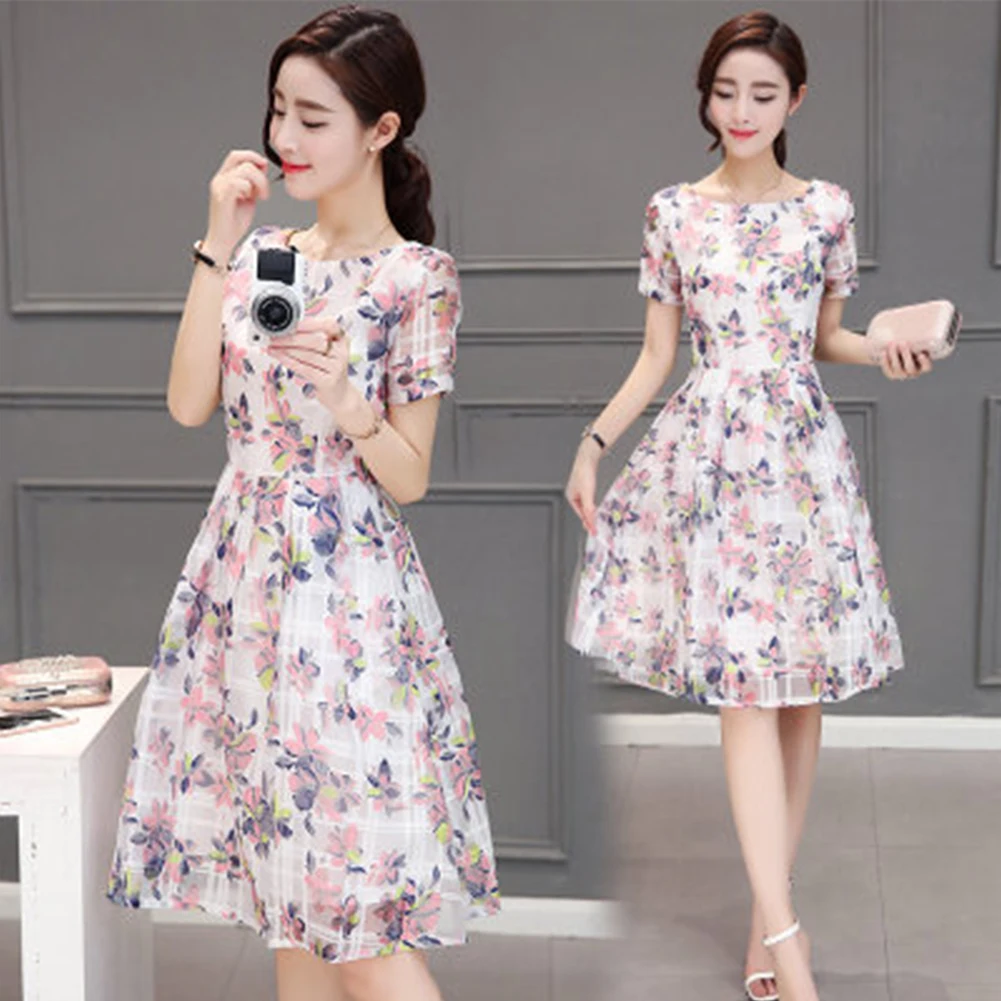 

Women Dress Fashion Holiday Summer Mid-length Fairy Short Sleeve Basic Simple Polyester Sweet Floral Printed Daily #137