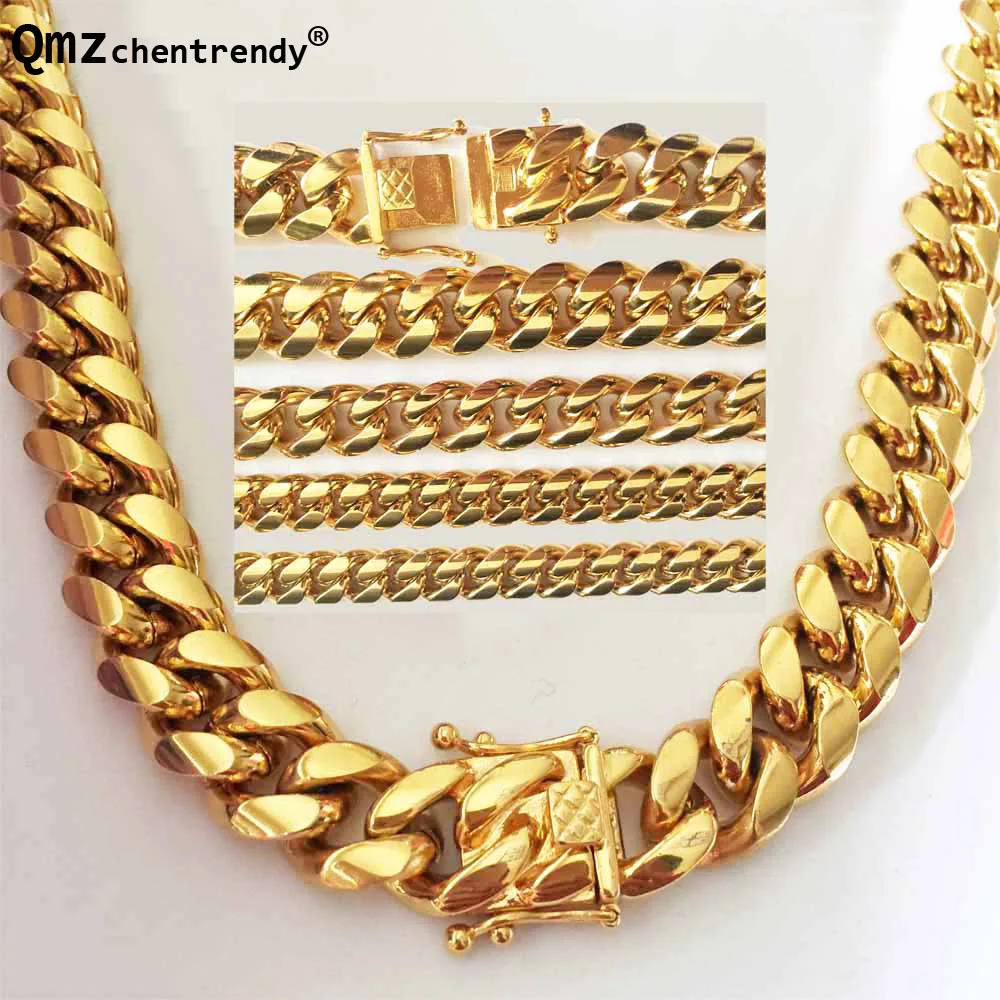 

News Arrival 8/10/12/14mm Stainless Steel Miami Curb Cuban Link Chain Necklaces Casting Dragon Lock Clasp Men Hip Hop Jewelry