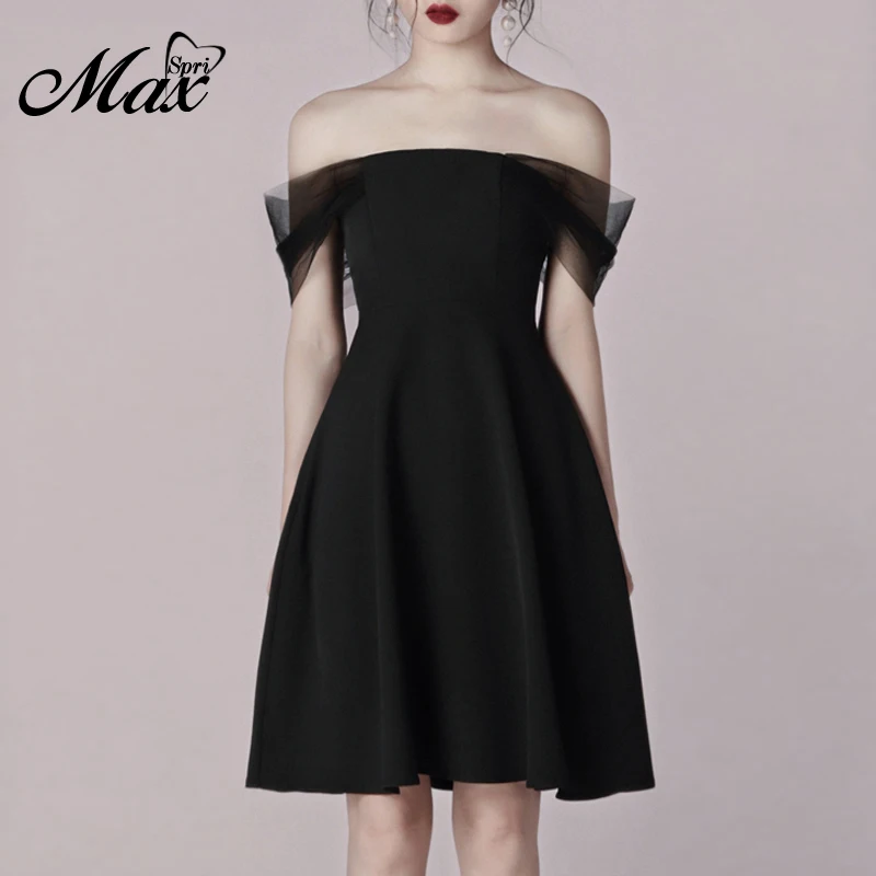 

Max Spri 2019 New Fashion Style Off the Shoulder Mesh Black Women Celebrity Party A- Line Sexy Club Chic Midi Dress