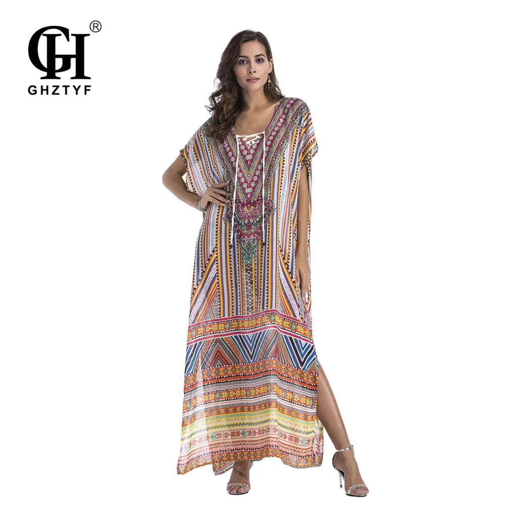 

GHZTYF Dress Women National Wind Bohemian Print Short Sleeve Loose Plus Size Robe Femme Summer Beach Boho Long Dresses