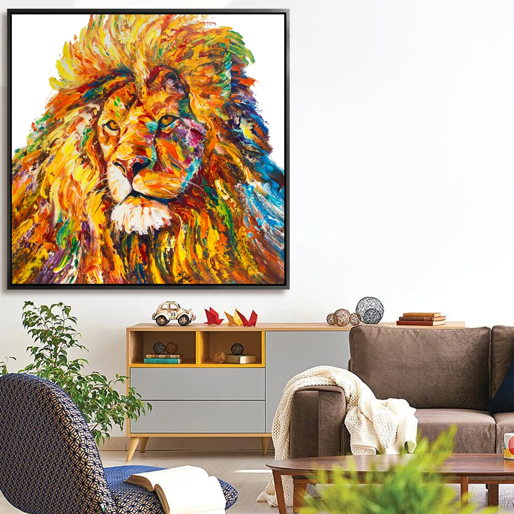 

Lion King Colorful Modern Art Palette Knife Painting Texture Oil Painting On Canvas For Living Room Decoration Wall