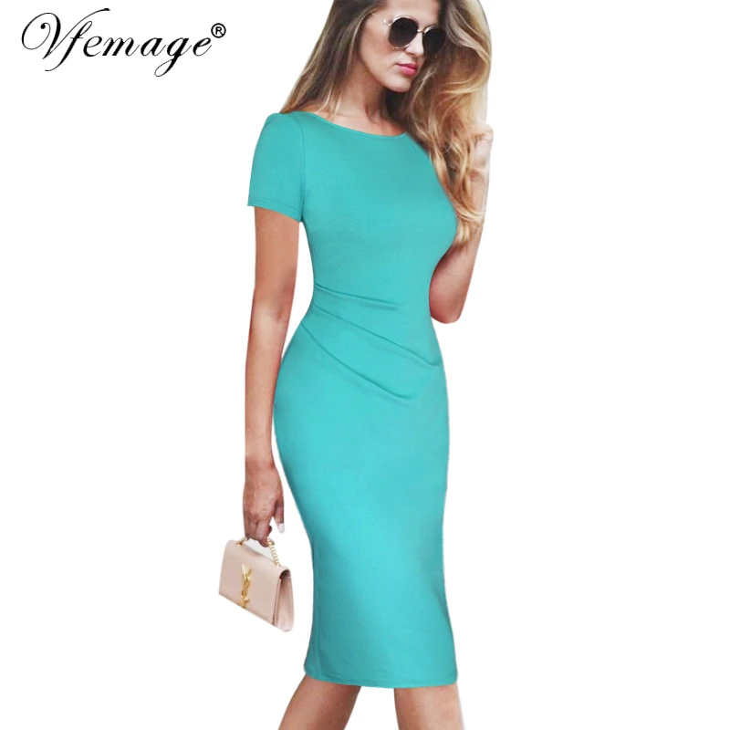 Vfemage для женщин Элегантный Ruched Sexy V молния сзади Винтаж Повседневная одежда офиса