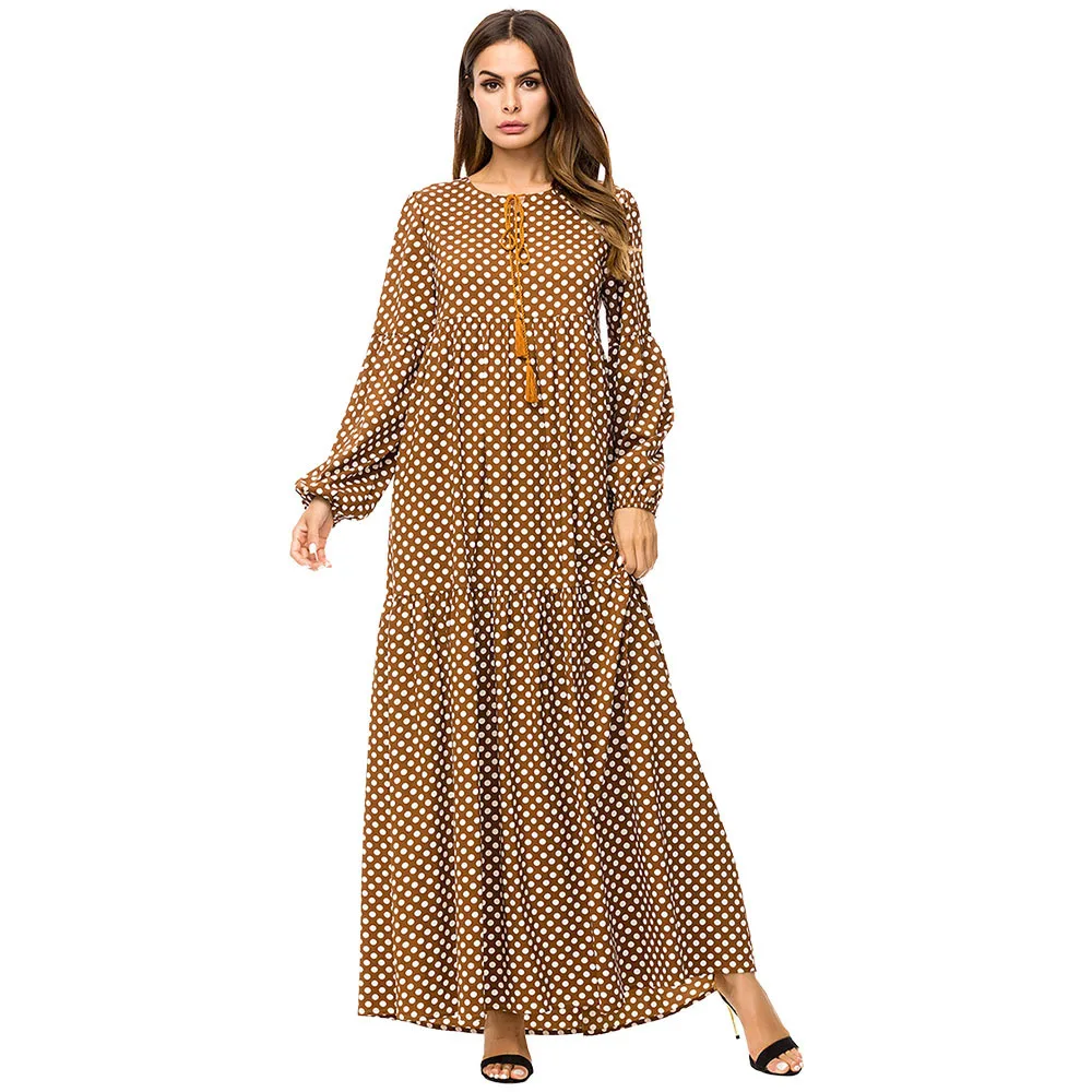

Elegant European and American long dress Muslim Abaya kaftan Polka Dot Design Dubai Islamic Maxi Dresses