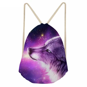 

ThiKin Cool Animal Purple Wolf Drawstring Bag for Youth Girl Boy 3D Print Women Men Children Mini Backpack String Beach Bag