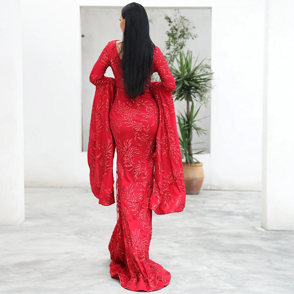 Robe Gala Longue роскошный винтажный Осенний красный узор вышивка развертки поезд с расклешенными рукавами длинные вечерние платья для выпускного вечера