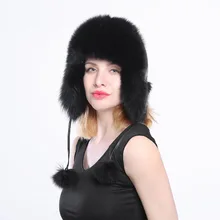 Sombrero de cazador piel de zorro genuino con pompones de invierno con orejeras de invierno sombreros de bombardero de colores muti ruso Ushanka gorras al aire libre(China)