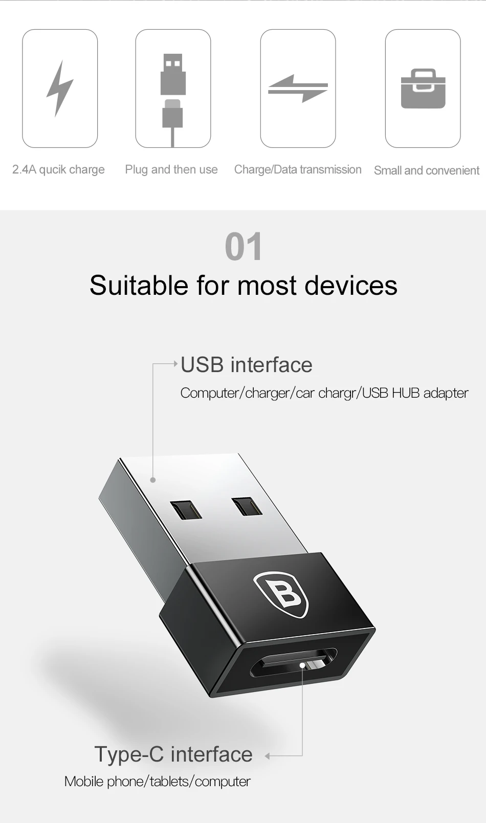 Baseus USB штекер для type C Женский адаптер USB C OTG Coverter для samsung S9 Plus Macbook Xiaomi Mi max 3 usb type-C кабель адаптер