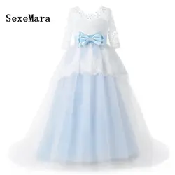 Красивое голубое и белое кружевное платье с цветочным узором для девочек, пышные платья с бисером и аппликацией в виде бантов для детей