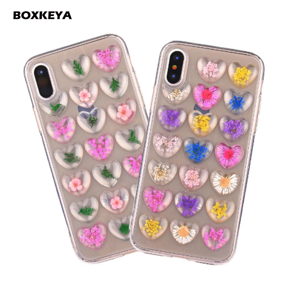 

Natural Real Dried Flower Case For iPhone X 7 6 Plus 7 Plus 3D Love Hearts Clear Soft TPU Silicone Mobile Phone Back Covers